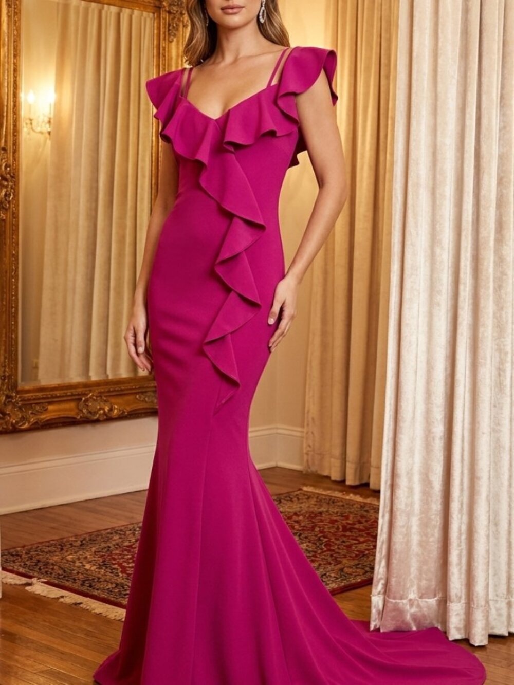 Mermaid Train Betsy & Adam Magenta Ruffle Cascade Gown Size 4